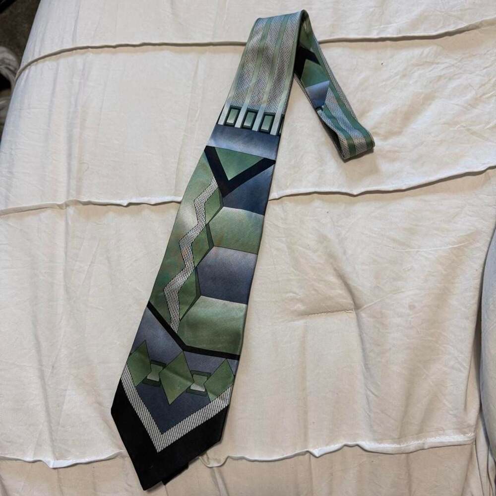 Barwyn Collection Geometric Silk Tie Green Blue Art Deco